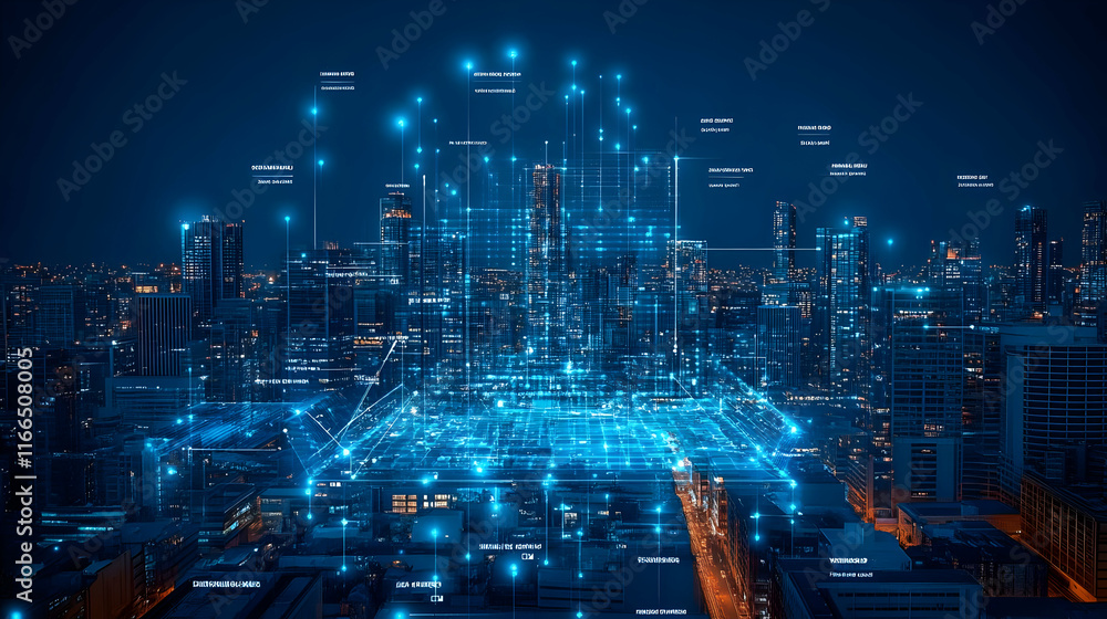 Poster digital cityscape with data visualization elements.