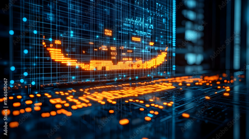 Poster digital interface with glowing data patterns and graphics.