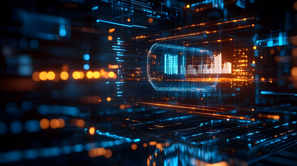 Futuristic digital interface with glowing data visualizations.