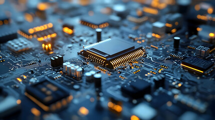 Close-up of a circuit board with glowing components.