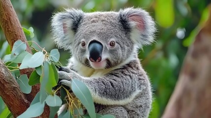 Fototapeta premium A close-up of a koala perched on a tree branch surrounded by eucalyptus leaves.