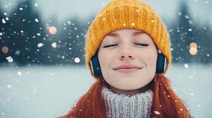 Woman with vibrant red hair relaxes outdoors in winter, wearing headphones and a knit hat, surrounded by falling snowflakes