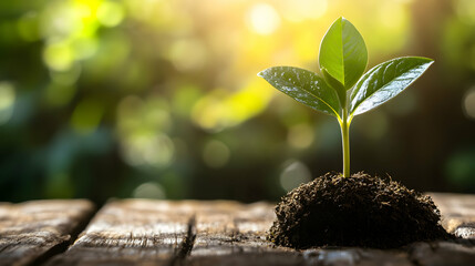 A young plant sprouting from rich soil in sunlight.