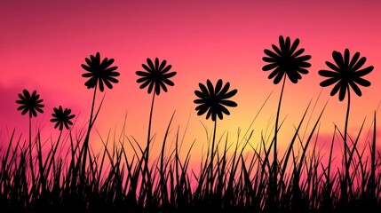 Obraz premium Silhouetted Flowers Sunset Pink Sky Grass Floral Design