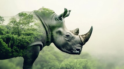Fototapeta premium double exposure effect of an rhino and green jungle. World wildlife day