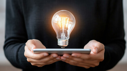 Innovative idea concept with glowing light bulb above tablet