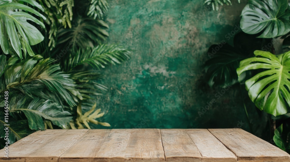 Poster a rustic wooden table rests in front of vibrant tropical leaves, creating a calming atmosphere in a 