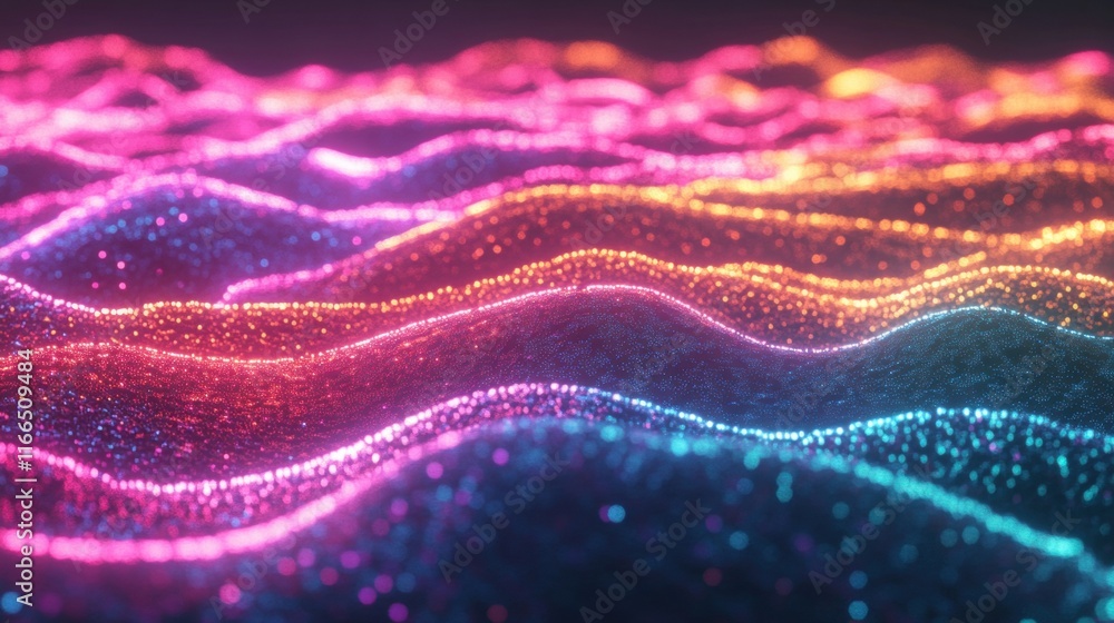 Poster flowing waves of vivid neon colors undulate against a black background, creating a captivating visua