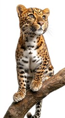 A leopard perched on a branch, showcasing its distinctive coat and curious expression.