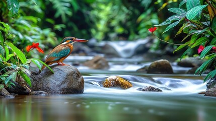 A kingfisher perched by a serene stream surrounded by lush greenery and vibrant flowers.