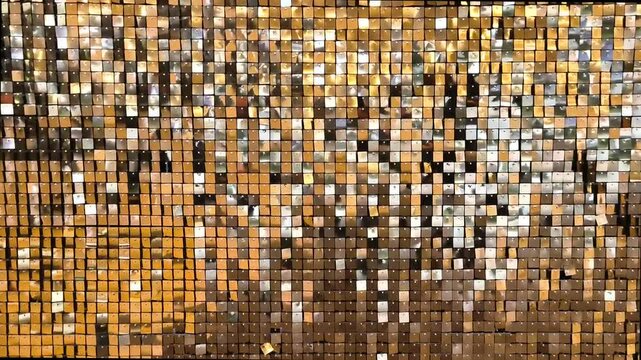 Gold disco party pattern. Yellow square sequin mosaic texture background.