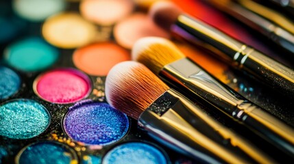 A vibrant collection of makeup palettes and brushes for beauty application.