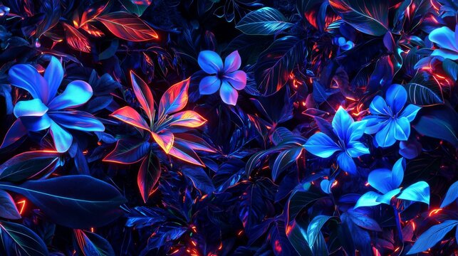 Neon Tropical Flowers Blue Red Glowing Plants Dark Background