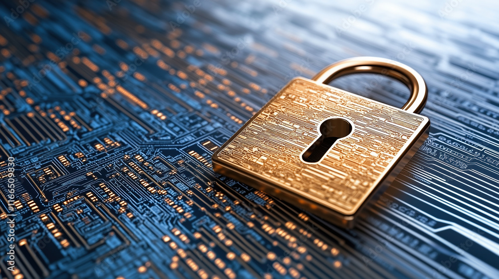 Poster digital padlock symbolizing security on circuit board background