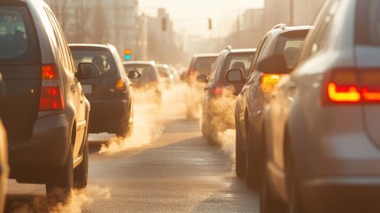 Vehicles are stuck in a traffic jam, emitting visible exhaust fumes while waiting at traffic signals on a busy urban road in the late afternoon
