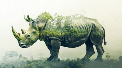Fototapeta premium double exposure effect of an rhino and green jungle. World wildlife day