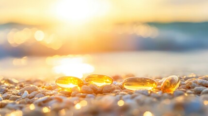 Obraz premium Soft sunlight illuminates vitamin D capsules placed on smooth pebbles beside gentle waves, capturing a tranquil winter moment