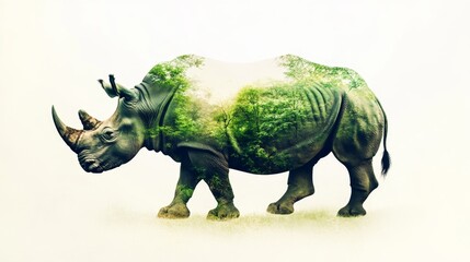 Fototapeta premium double exposure effect of an rhino and green jungle. World wildlife day