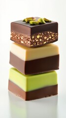 Dubai Chocolate Kunafa Pistachio on white background,Dubai Chocolate bar with green kadayif and pistachio spread,popular and viral chocolate 2024,space for text.