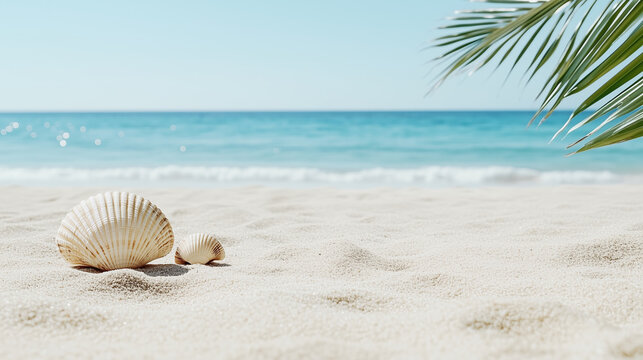 Seashells on sandy beach with ocean view and palm leaves in background