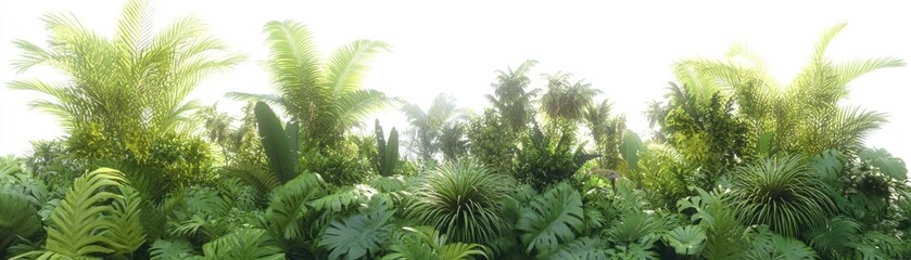 Lush tropical foliage with various palm and fern plants in a bright, serene setting.