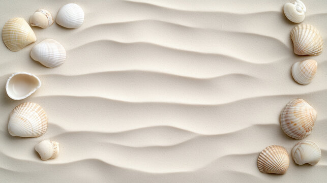 Seashells arranged on sandy beach with gentle wave patterns, evoking tranquility