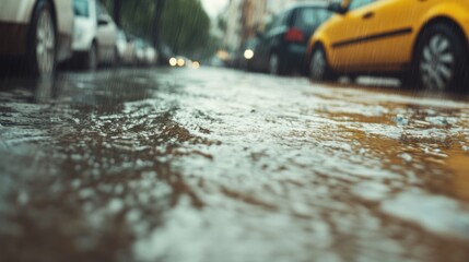 Obraz premium Rainwater accumulates on an urban street, causing cars to maneuver cautiously through the flooded area