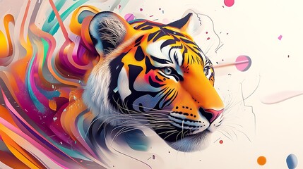 Abstract Tiger Portrait Colorful Swirls Background