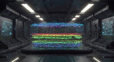 Obraz premium Futuristic Data Visualization Rainbow Spectrum in Sci Fi Corridor