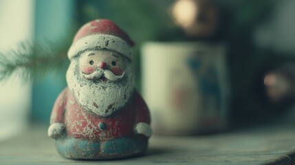 Naklejka premium A charming vintage Santa Claus figurine sits on a table, evoking nostalgia and celebrating the warmth of Christmas traditions