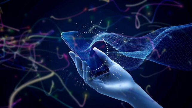 Futuristic Holographic Display from Smartphone in Hand. Seamless looping video background