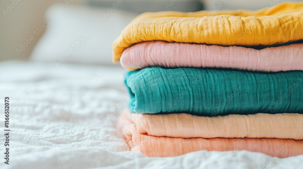 Poster neatly folded clothes in vibrant colors are arranged in a stack on a soft bedspread, creating a warm