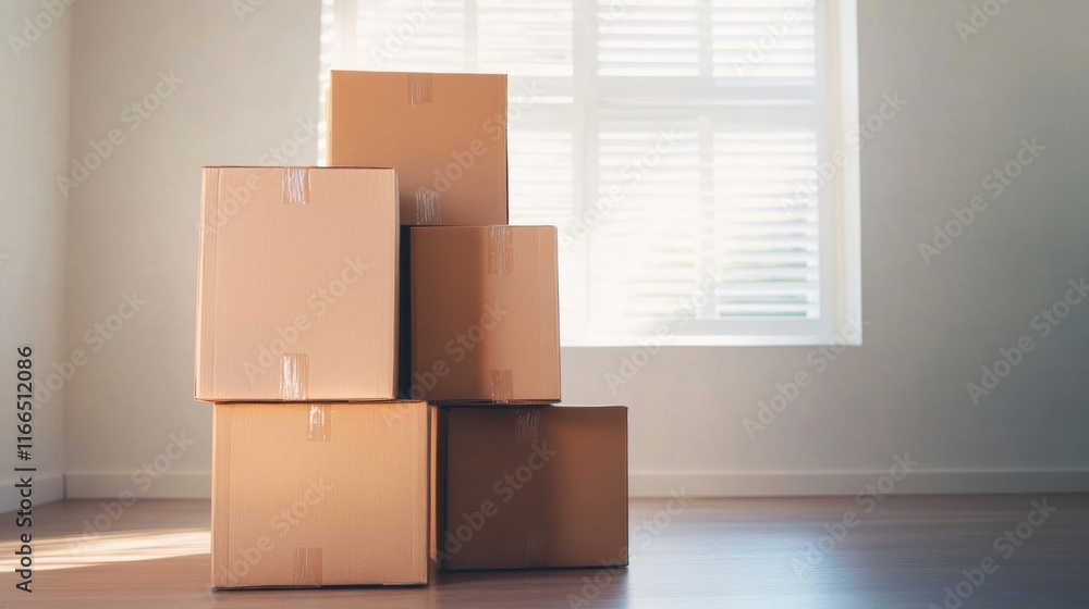 Poster cardboard boxes are stacked securely in a spacious, empty room with a window that allows sunlight to