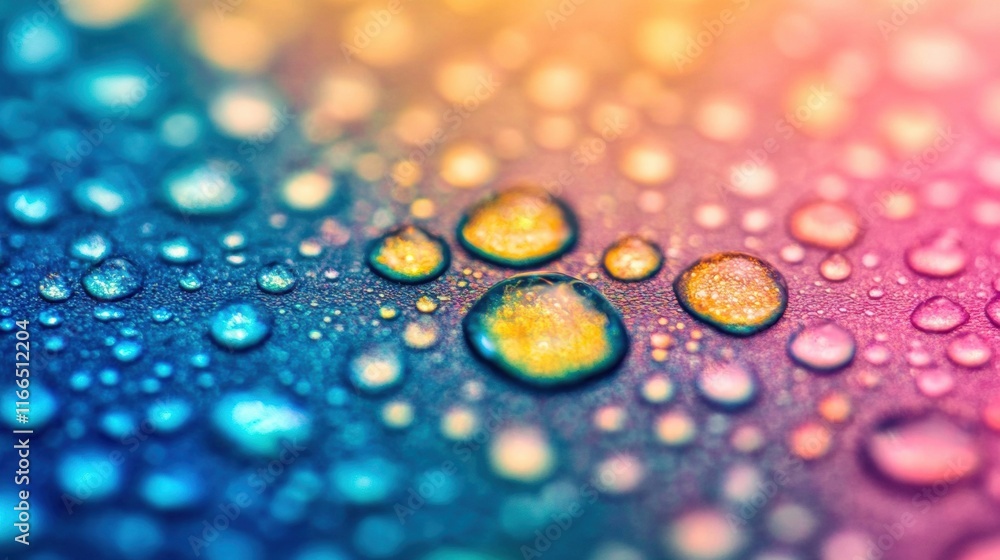 Poster water droplets rest on a colorful surface, catching light and reflecting a spectrum of hues, creatin