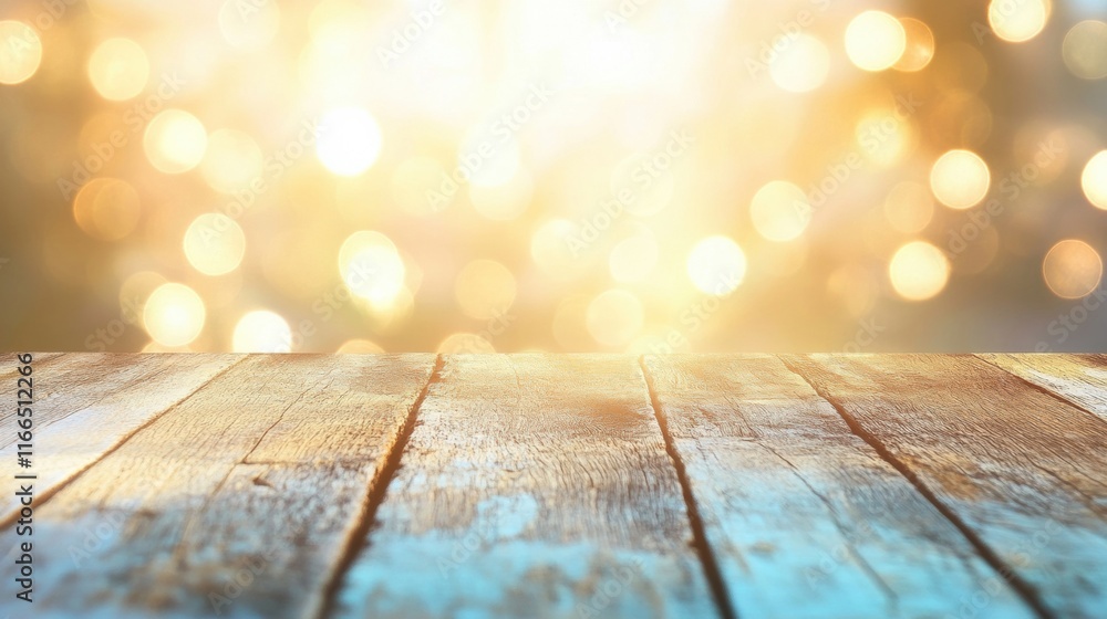 Poster a rustic wooden table features a stunning backdrop of shimmering bokeh lights, creating an inviting 