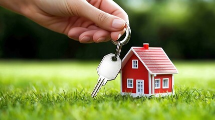Real estate agent handing over house keys on a keychain shaped like a house