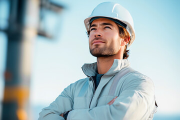 作業服姿でヘルメットを被った男性作業員