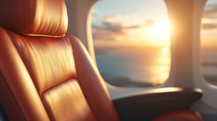 Passengers can enjoy a stunning warm sunset through the airplane window, casting a golden glow over the cabin and ocean