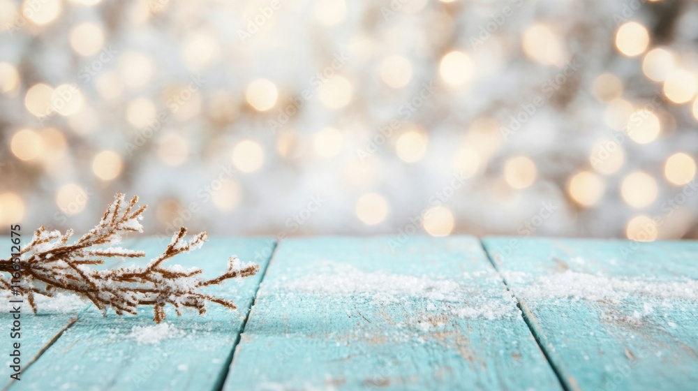 Poster a rustic wooden table showcases a delicate branch with snowflakes amidst a soft winter backdrop and 