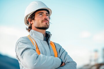 A male worker in work clothes with his arms folded and looking up.