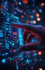 Number 2025 on Virtual Computer Screen, Digital Year Date, Hand Pressing VR AR Button, Futuristic Business and Technology Interface