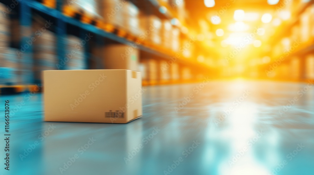 Poster busy warehouse interior shows boxes being moved swiftly, creating a dynamic effect with motion blur 