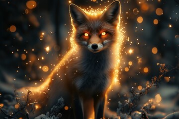 Magical Fox Glowing Lights Winter Forest Dark Background