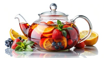 Hot Fruit Tea in Glass Teapot, Isolated White Background - Stock Photo