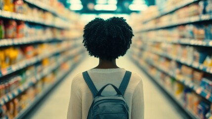 A woman stands in a grocery store aisle, contemplating her shopping choices while surrounded by various products on the shelves