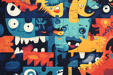 Obraz premium A colorful, abstract puzzle featuring playful monster-like characters and vibrant patterns.