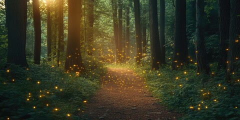 Fototapeta premium Enchanted Forest Path Illuminated By Fireflies At Dusk