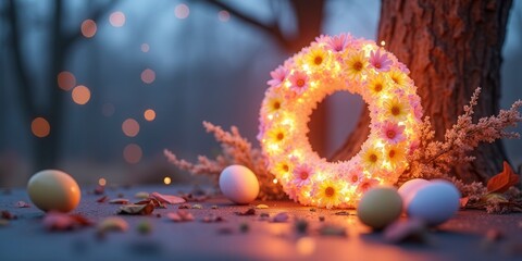 Obraz premium Illuminated Flower Wreath with Easter Eggs