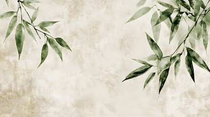 Minimalistic Green Bamboo Leaves on Textured Background