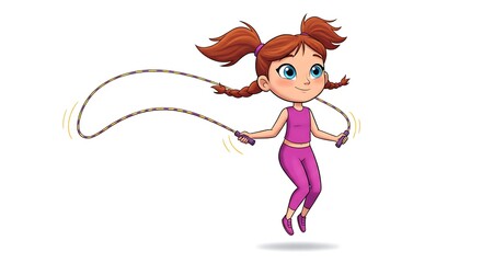 Happy Girl Jumping Rope Cartoon Illustration Kids Activity Fitness Fun